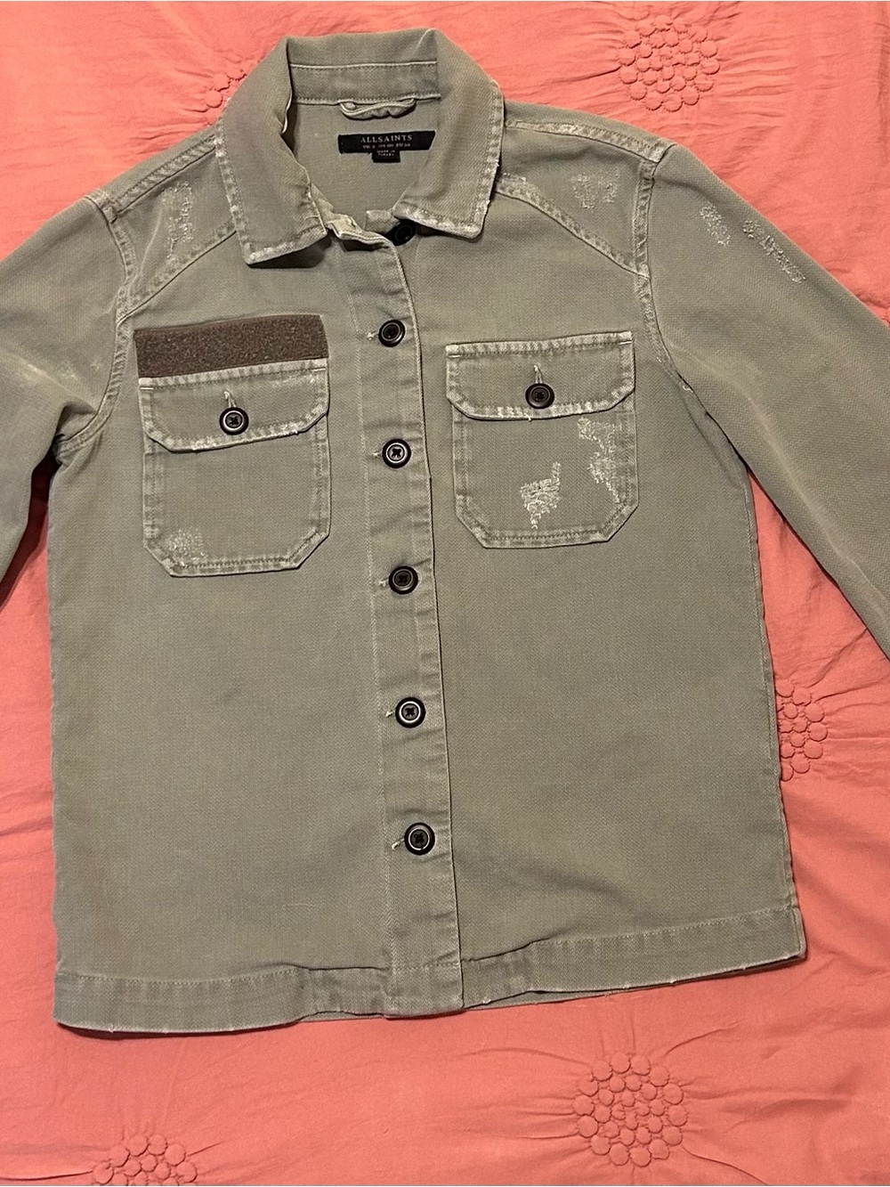 AllSaints Olive Green Distressed Military Jacket Size 0